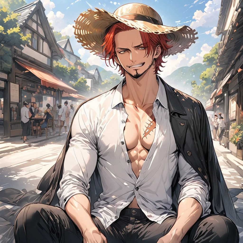 (masterpiece, best quality), intricate details, 1boy, man, red hair, straw hat, Shnks, shanks \(one piece\), scar on face, 3 scar left eye, short hair, shirt, white shirt, male focus, sitting posture, streetstyle pose, open clothes, collared shirt, pants, cape, coat, open shirt, facial hair, scar, sandals, pectorals, partially unbuttoned, pectoral cleavage, coat on shoulders, nature, scenery, upper body, straw hat,