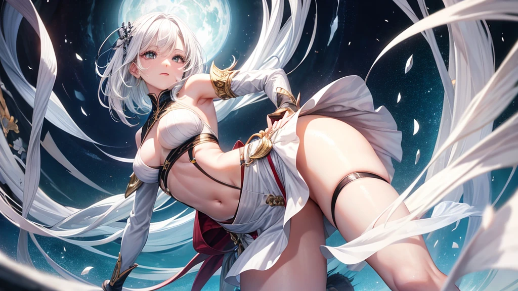 Create a character with white hair, smooth, falling to her waist, From the waist up,