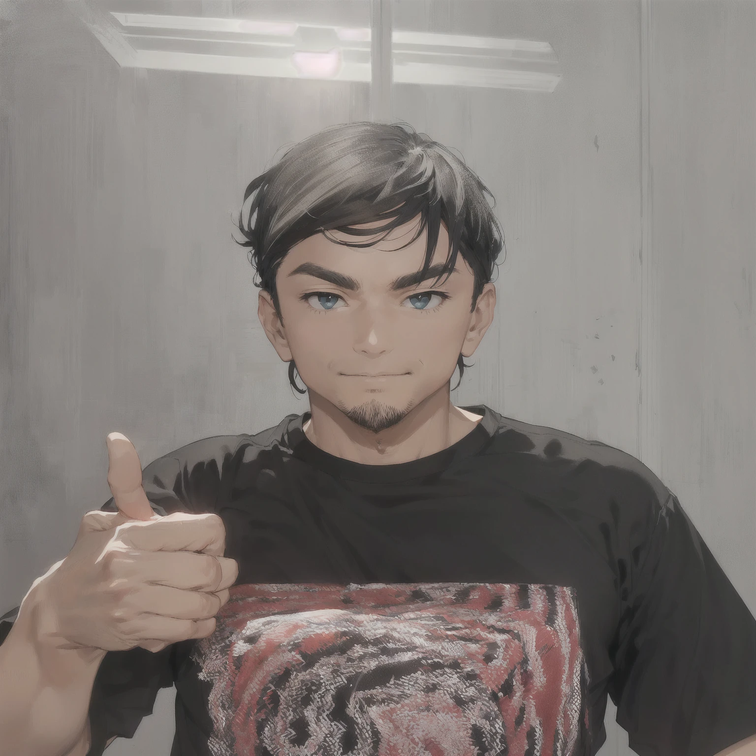 A man in a black shirt gives a thumbs up, Khizr Salem, ash thorp Khizr Salem, Yoichiro Oda, Zhang's grandmother, 8k selfie photo, Filmed in the early 2020s, Kimura Shinji, yanjun chengt, Norihiro Yagi, Ramilsonga