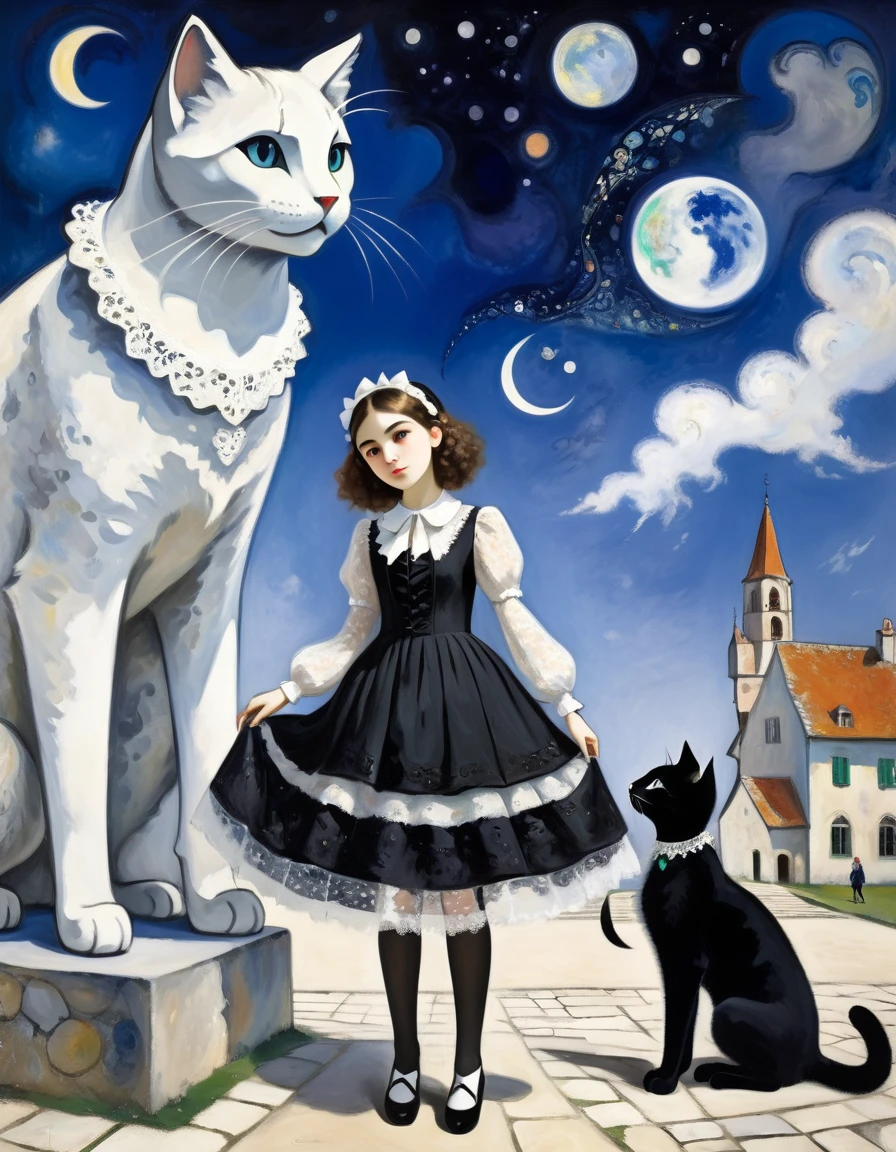 (Girl and giant cat) Baroque, Gothic lolita, cute, 1 girl, solo, full body, black dress, absurdity, white lace, ((Marc Chagall style)), magical naive art, primitivism, protogen,((Better quality, masterpiece)),
(Higher detail), Impressionism: 1.1, 8k