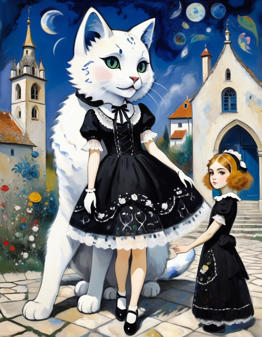 (Girl and giant red cat) Baroque, Gothic lolita, cute, 1 girl, solo, full body, black dress, absurdity, white lace, ((Marc Chagall style)), magical naive art, primitivism, protogen,((Better quality, masterpiece)),
(Higher detail), Impressionism: 1.1, 8k