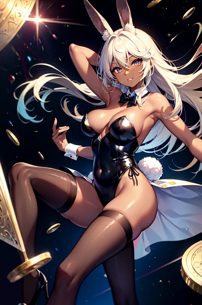 Highest Quality, masterpiece, unbelievably beautiful, very delicate 8k wallpaper, Transcendently Beautiful Girl, (masterpiece face, masterpiece eyes:1.1), BREAK, (black gal), (Dark skin:1.5), (long Blonde Hair Pink Gradient Hair), BREAK, Flat_Chest, Huge_breasts, wide_lower back, Open your mouth and laugh smile, long eyelashes, makeup, BREAK, Bunny Girl, Rabbit ear, Rabbit tail, Enamel Leotard, wrist_Cuffs, bowtie, Black_pantyhose, high_heels, BREAK, (Five Fingers, 4fingers and 1thumb), (Bare arms, Bare shoulders), (ass), Casino, Roulette table, Lots of coins, 1 month pregnant