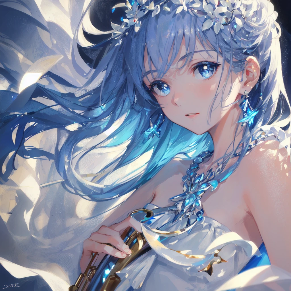 masterpiece, best quality, illustration, Saxophone Blue, Platinum earrings, Platinum necklace, White Dress, 1 Girl, Lovely, (Dynamic Lighting:1.2), light, Exquisite facial features, Delicate eyes, Sharp pupils, Realistic students, Depth of Field, Bokeh, Clear focus, (Ultra Detailed, bloom, glow:1.4), Many little gems