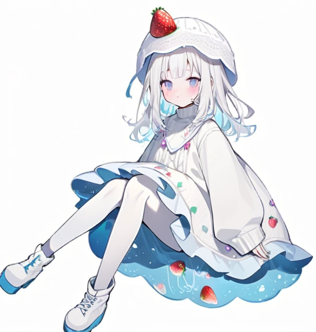 Woman long white hair, with a jellyfish on his head as a hat, very pale skin, wearing a white sweater with kawaii decorations like strawberries or stars (pins) that the sweater be low-cut but at the same time a dress, that has white stockings with white lace, loose and short white boots. 
