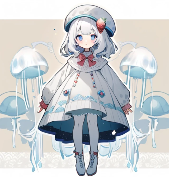 Woman long white hair, with a jellyfish on his head as a hat, very pale skin, wearing a white sweater with kawaii decorations like strawberries or stars (pins) that the sweater be low-cut but at the same time a dress, that has white stockings with white lace, loose and short white boots.