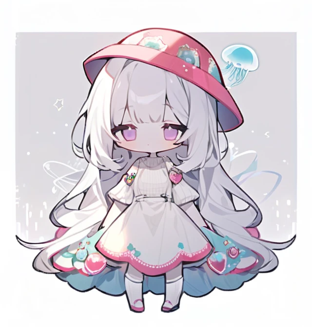 Woman long white hair, with a jellyfish on his head as a hat, very pale skin, wearing a white sweater with kawaii decorations like strawberries or stars (pins) that the sweater be low-cut but at the same time a dress, that has white stockings with white lace, loose and short white boots. 