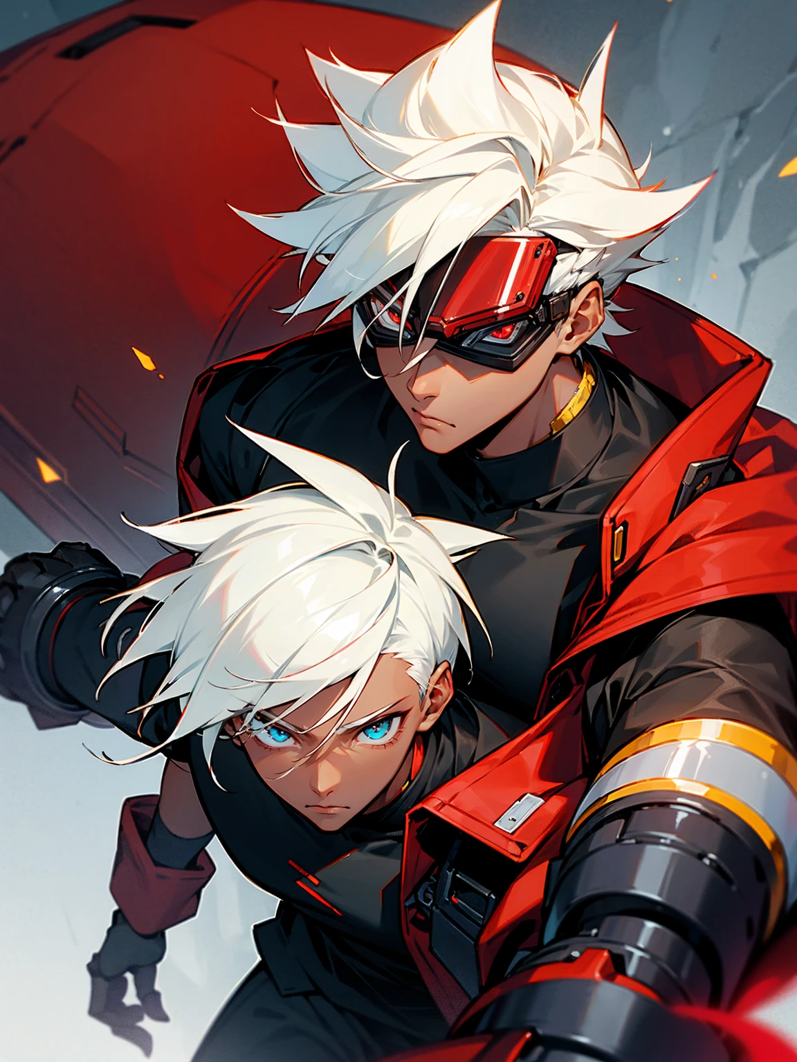 1male, darkskin, white hair, spiky hair, goggles, black shirt, red jacket, confident, robot arm