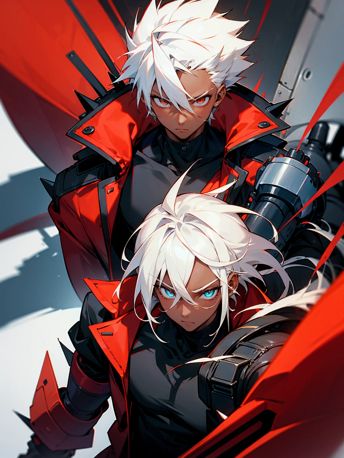 1male, darkskin, white hair, spiky hair, goggles, black shirt, red jacket, confident, robot arm