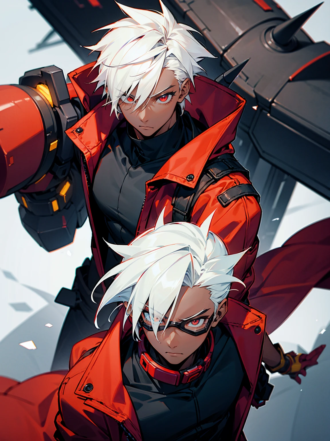 1male, darkskin, white hair, spiky hair, goggles, black shirt, red jacket, confident, robot arm