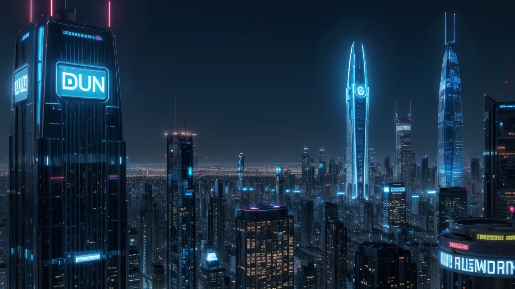 create a futuristic city, with a tall building with blue neon, containing the initials "DG"