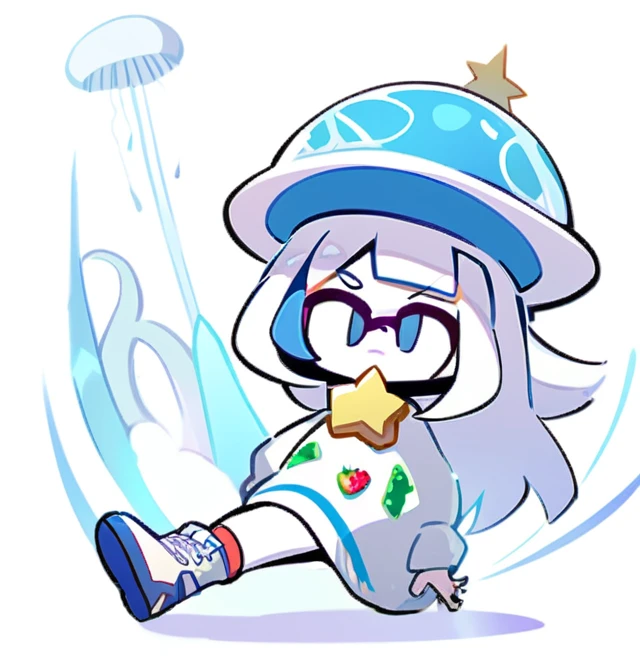 Woman long white hair, with a jellyfish on his head as a hat, very pale skin, wearing a white sweater with kawaii decorations like strawberries or stars (pins) that the sweater be low-cut but at the same time a dress, that has white stockings with white lace, loose and short white boots. BRAWL STARS STYLE ADULT WOMAN