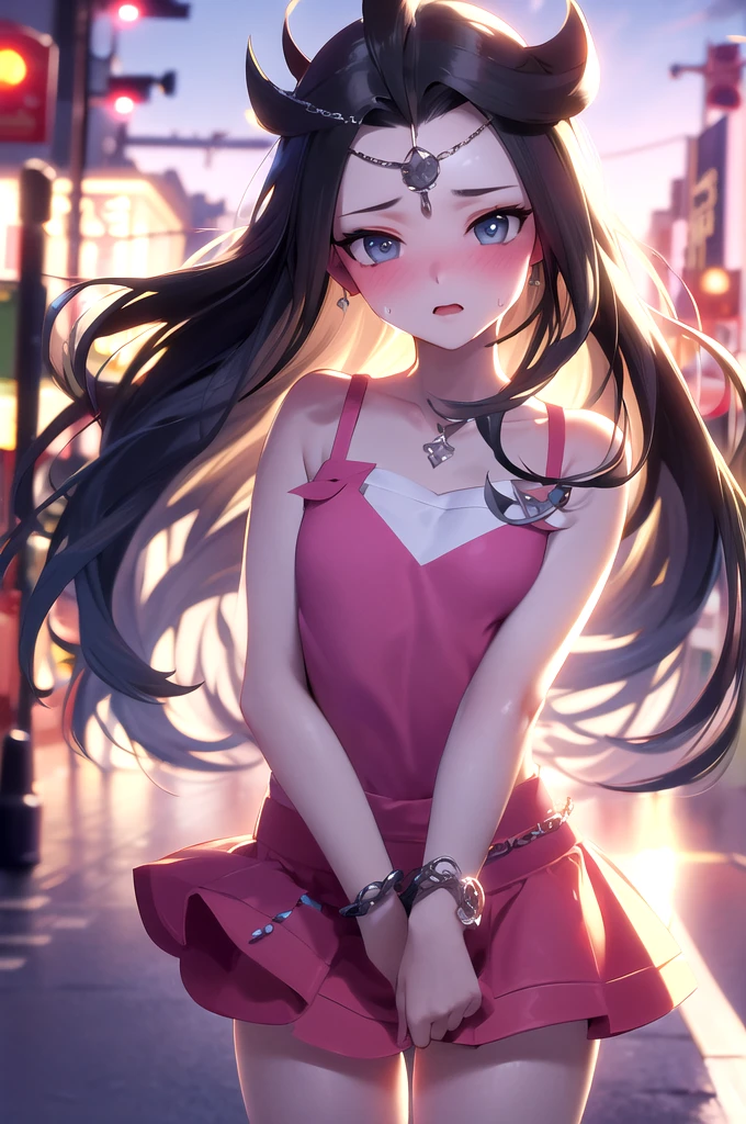 4hewe, 1girl, may (pokemon), embarrassed, blush, sweat, black camisole, pink miniskirt, bare shoulders, (cowboy shot:1.4), detailed face, facing viewer, small face, worried, symmetrical eyes, (street, cityspace:1.4), (masterpiece, top quality, best quality, official art, beautiful and aesthetic:1.2), extreme detailed, soft nature lights, rim light, soft colors, forehead chain, 