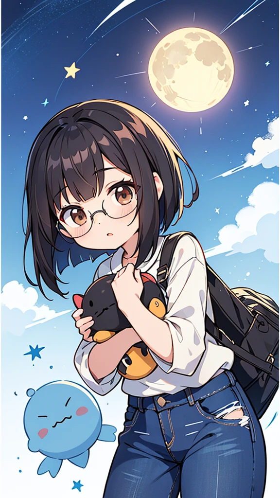 Seven-doppelganger shot,Anime style 4K,High quality anime art style,Standing painting,Splash ink background,Blue Themes、Pure white background,Buildings,Face close-up,Buildings,Moon and sun、Shining Star々,milky way,Bright Sky,Looking at me,Facing forward,Clear eyes and nose,cute,beautiful,Thin legs,black hair, brown eyes, girl, bob, front, whole body,cute,Playing UFO catchers at an arcade,Black Hair,Brown Hair,Glasses,semi-long,jeans
