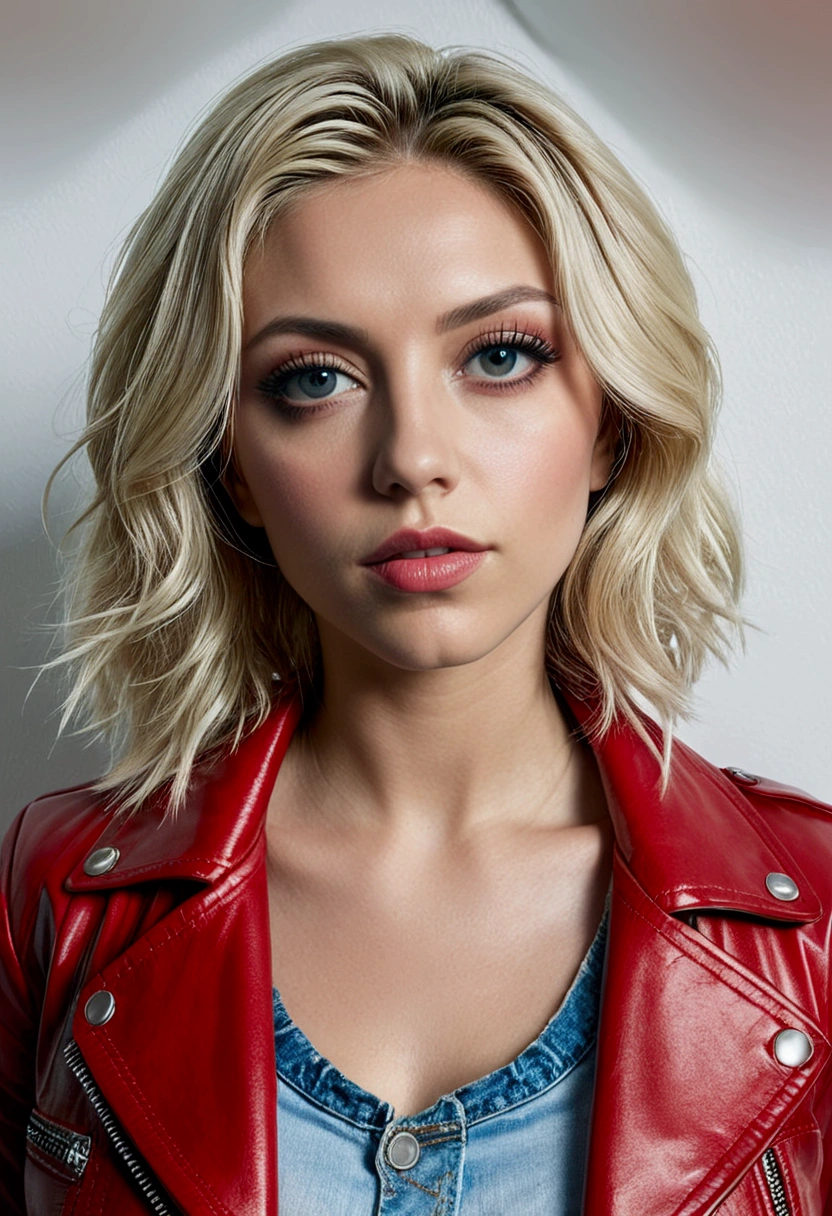Create a realistic pop artist ,is about 28 years old ,blond ,deep eyes, long eyelashes ,piercing look , red leather jacket, Ripped jeans , hyper realist