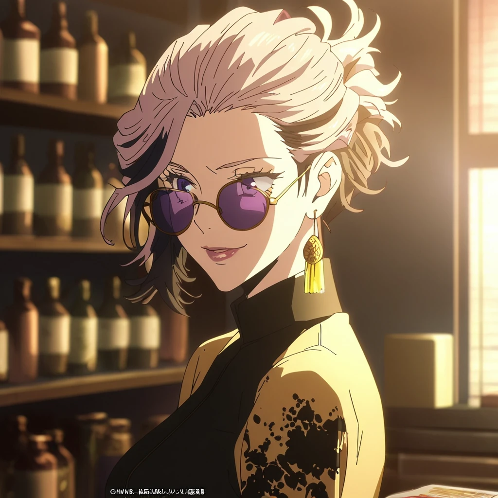 1girl, female gojo satoru, anime screencap from jujutsu kaisen, gojo satoru female version, solo, long_hair, ((purple eyes)) ((Black_hair, hair over ear from one side))((slicked hair)) , night view, (hanging breasts) upper_body, smile, indoors, book, lips, (long hair) ((wearing black colour outfit, glossy)) breast, "very detailed and high resolution" (purple eyes) ((solo)) (((front view))) (earings) ((high resolution)) ((good quality)) ((silky hair, hair over ear from one side))((hair slicked)) ((shy))