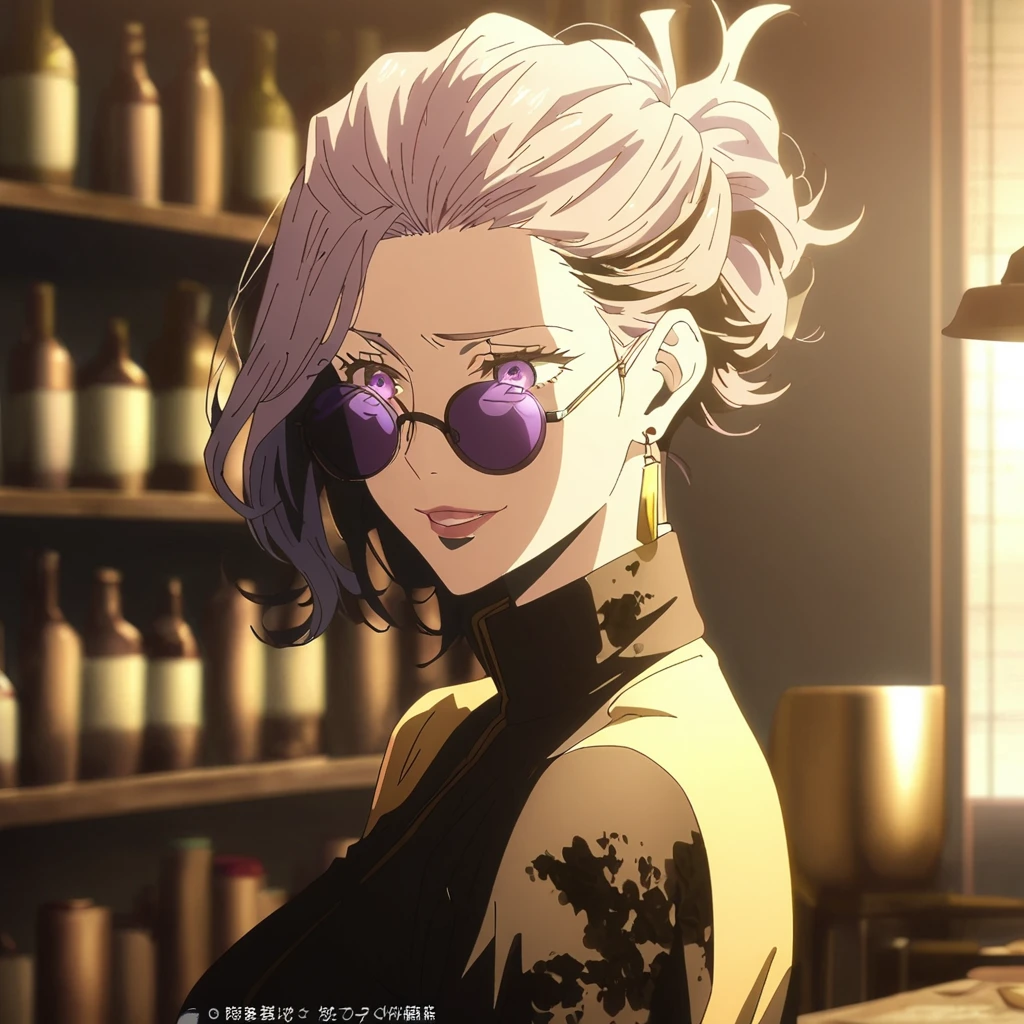 1girl, female gojo satoru, anime screencap from jujutsu kaisen, gojo satoru female version, solo, long_hair, ((purple eyes)) ((Black_hair, hair over ear from one side))((slicked hair)) , night view, (hanging breasts) upper_body, smile, indoors, book, lips, (long hair) ((wearing black colour outfit, glossy)) breast, "very detailed and high resolution" (purple eyes) ((solo)) (((front view))) (earings) ((high resolution)) ((good quality)) ((silky hair, hair over ear from one side))((hair slicked)) ((shy))