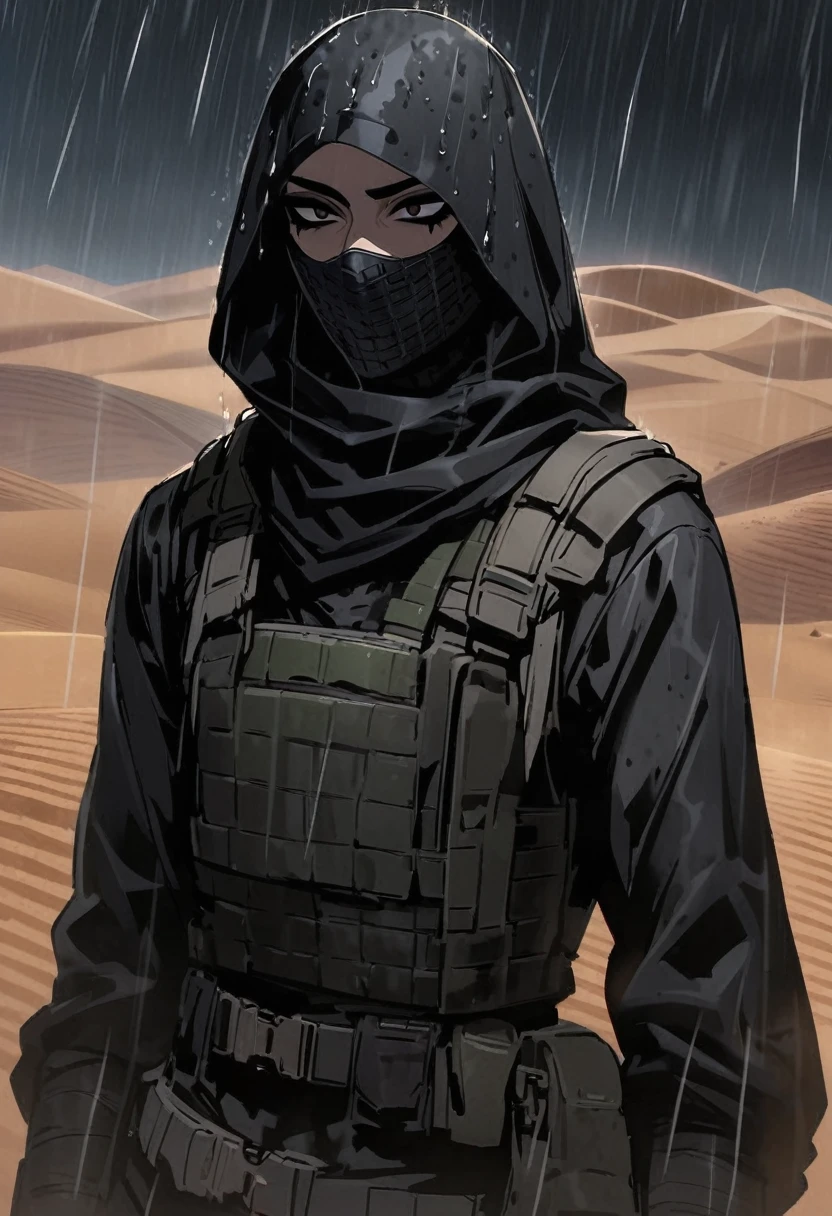 Male arab modern terrorist, terrorist, black balaclava, black bandage, black clothes, thin waist, femboy, light skin, makeup, black eyeliner, big eyelashes, black eyeshadow, choker, desert, night, rain