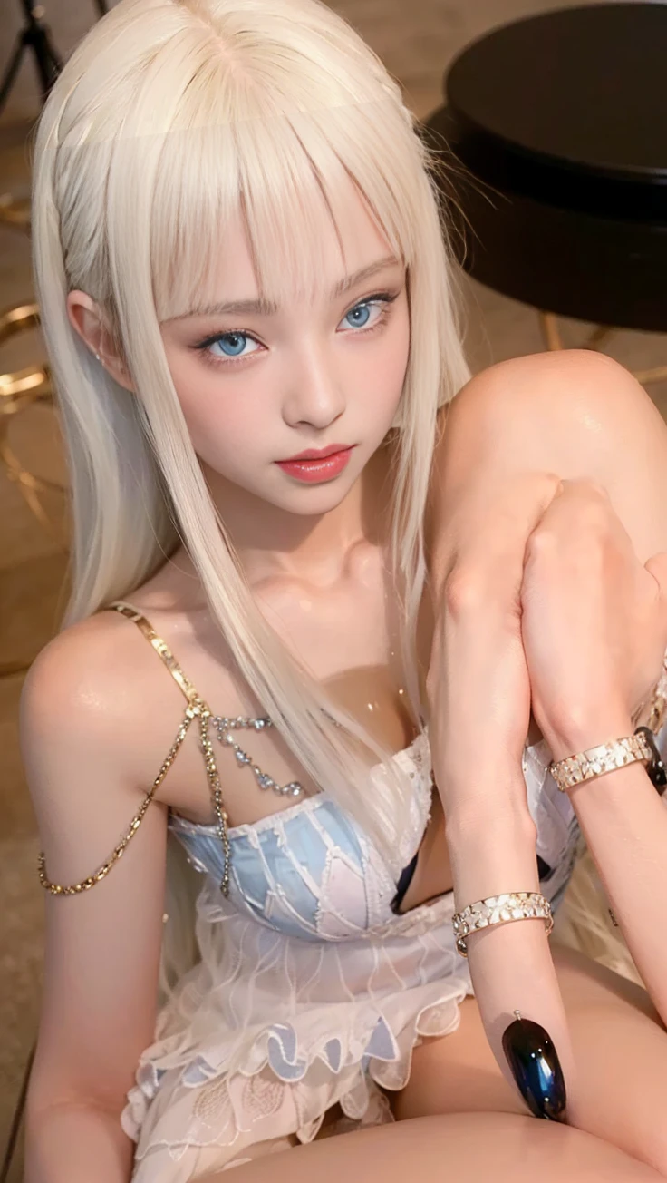 (beautiful long hair, highly detailed face, detailed breasts, looking at viewer, beautiful smile, piercing blue eyes, detailed skin, detailed clothing, intricate jewelry, photorealistic, 8k, ultra-detailed, masterpiece, dramatic lighting, cinematic, dramatic colors, oil painting)