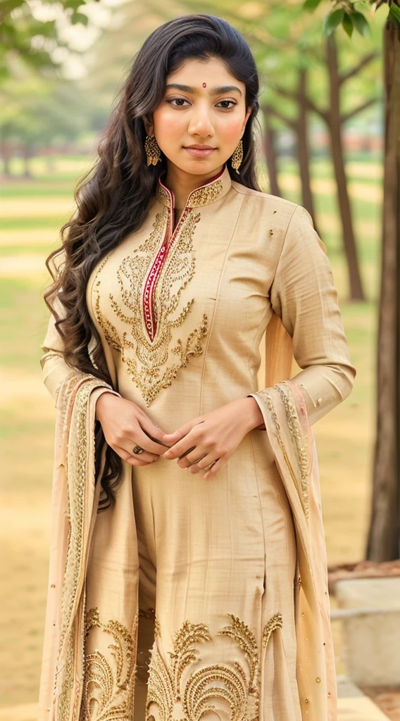 a beautiful Indian lady, 22 year, attractive, pretty, good looking, excellent , superb ,  wearing Indian school- college salwar kameez uniform, earrings, arched back,  sunlight, public park background, 92k, intricately detailed, UHD,