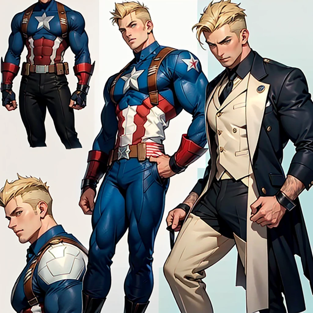 A model sheet of a muscular adult Captain America, short blonde quiff hair, shaved neck, wears a light beige suit-style outfit, dark blue blouse underneath and black tie, black pants and black shoes, Using detailed gauntlets, in different poses, various face angles, Facial expressions, 8k quality.
