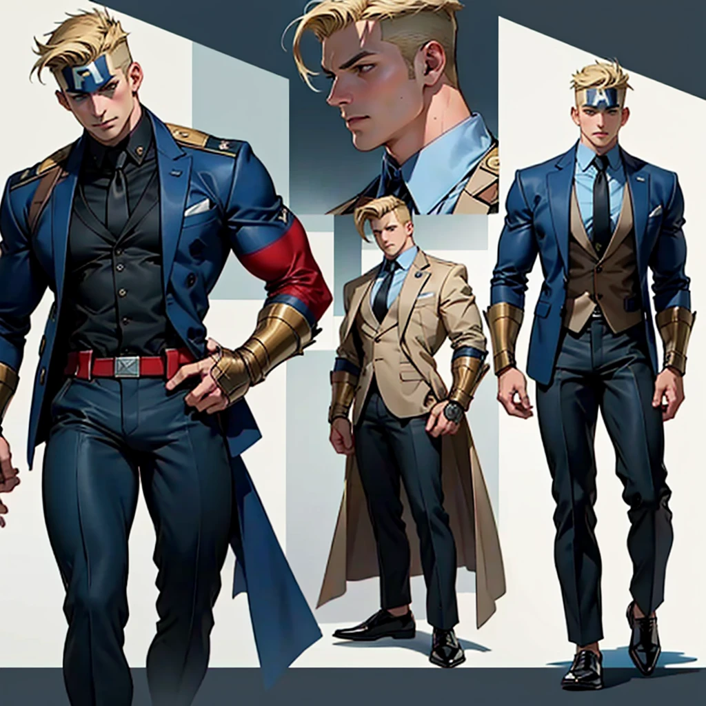 A model sheet of a muscular adult Captain America, short blonde quiff hair, shaved neck, wears a light beige suit-style outfit, dark blue blouse underneath and black tie, black pants and black shoes, Using detailed gauntlets, in different poses, various face angles, Facial expressions, 8k quality.