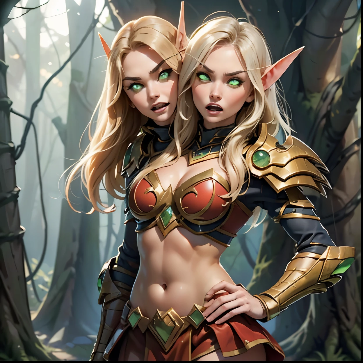 (1girl, Blonde hair, long hair, spiral eyes, angry ,clenched teeth) (digital) (Upper Body) (Looking at viewer) (standing), (Light Orange Sparkling Forest background), (short skirt)) , best quality, pointy ears, green eyes, glowing, armor, red armor, gold trim, Abdomen, navel, bloodelf, two heads, conjoined_dicephalus, 