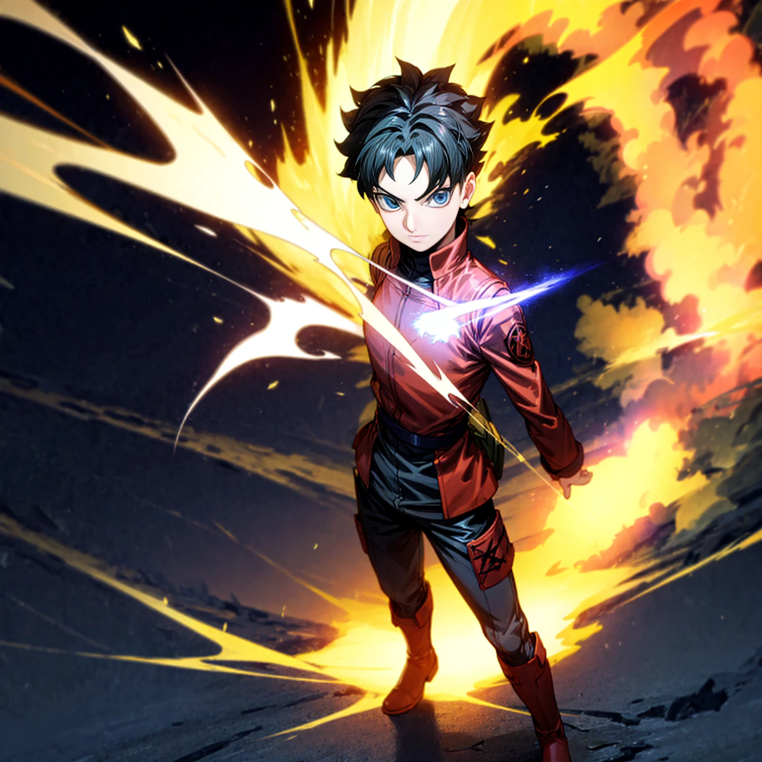 1boy, Full body version, 1character, blue eyes, short haircut, black color hair, soldier style outfit, ban captain, boots, Grassroots, full background in fire tornado, motion blur, (Hunter x Hunter style art), standing gesture, big fire on hand, lighting fire in hand, smoke effect, aura effect, hologram, plasma effect, blood on hand, lighting effect, high angle view