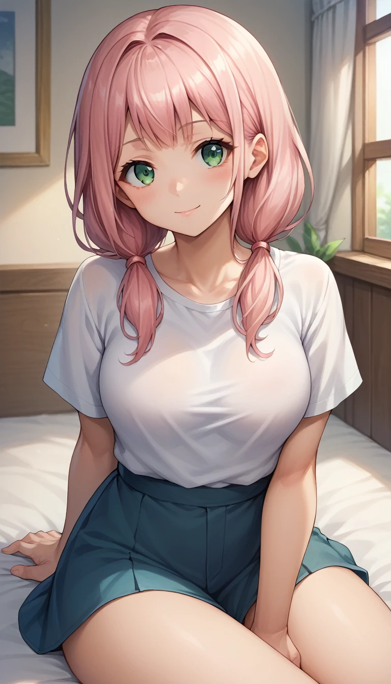 score_9, score_8_up, score_7_up, score_6_up, source_anime, 1girl, solo, Himari Uehara, Uehara Himari, green eyes, pink hair, low twintails, sitting, looking at viewer, indoors, room