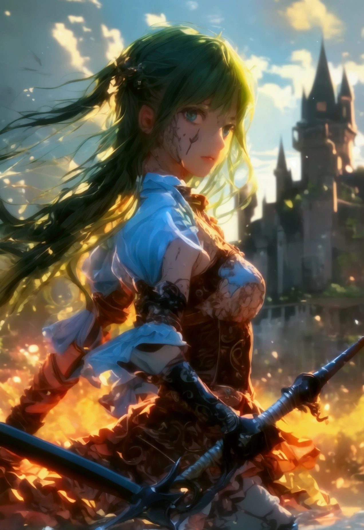 nsfw, masterpiece, best quality, ultra detailed, colorful ,, a girl, swordsman, a long sword in hand, covered in wounds, {bloodstained}, {bandages}, gothic Lolita fashi twin-tailed green and black hair, {tattered clothes}, medieval European battlefield, running, in battle, sprint, with a castle, surrounded by stars and a meteor shower, at night ,afterimage, full body, symmetrical structure of top and bottom