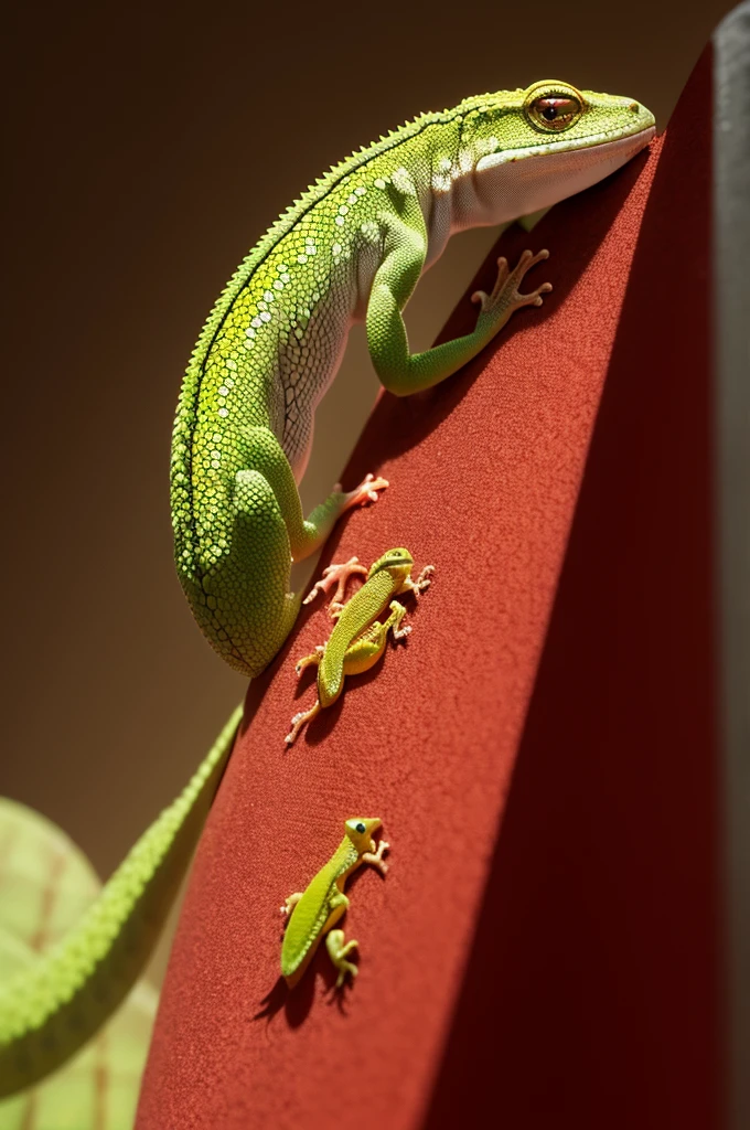 A gecko wearing a red dress 
