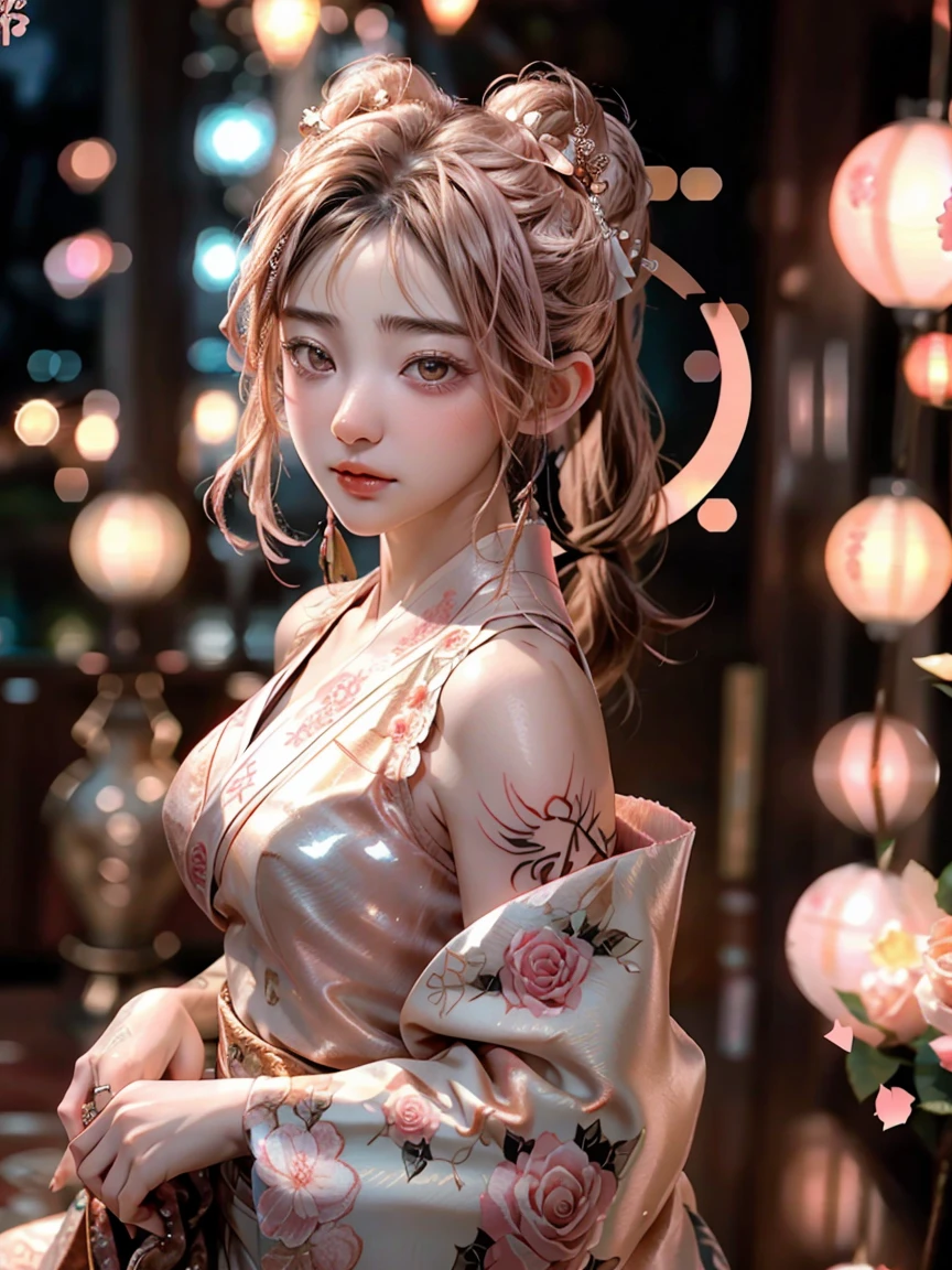 Georgeous, Beautiful, Cutes, Baby Face, 20 Years Old, White Skin, Sleeveless, Cleavage, Large Breast, Large Chests, ((Rose Gold Coloured)) Off Shoulder Japanese Kimono, Lace Kimono, Embroidery Kimono, Muscles, Athletic, Girly, Japanese Vintage Background, Twintails, Hair with Bangs, Open Mouth, Masterpiece, Adorable, Beautiful Large Eye, Dramatic Vintage Lighting, (Yakuza Tattoo), ((Tattooed:1.1)), HDR, Fish Gape Selfie, ((bottom view))