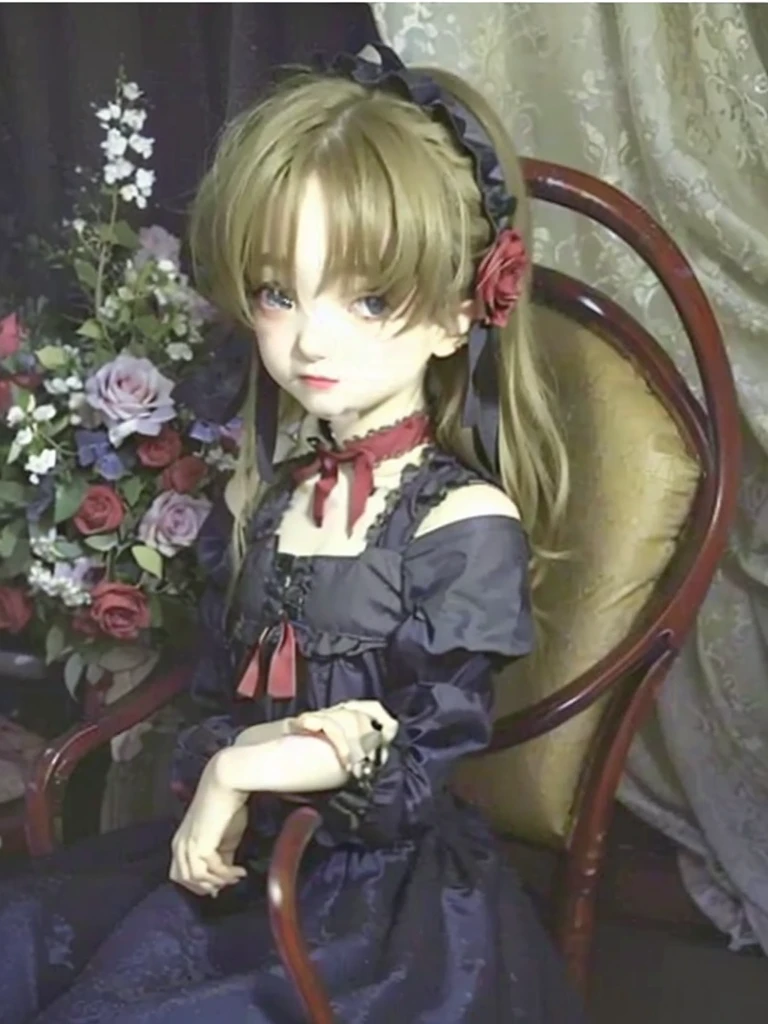 ((Masterpiece)), (Anime: le potrait  cossette), ((best quality)), (RAW photo: 1.2), (Professional Photography:1.2), 8K, from side, wide shot, (), ((1girl)), Textured skin, cinematic lighting, 1girl, ((Beautiful Gothic Lolita)), cute innocent young girl, ((hair over one eye)), Slender and small breasts, (long silky blond hair), (gothic lolita makeup), beautiful hair, sad smile, delicate eyes, slender figure, caring and charming beauty, (blush), Light particles, ((Lift the skirt with hand)), in beautiful Fantastic garden, (red roses garden),,