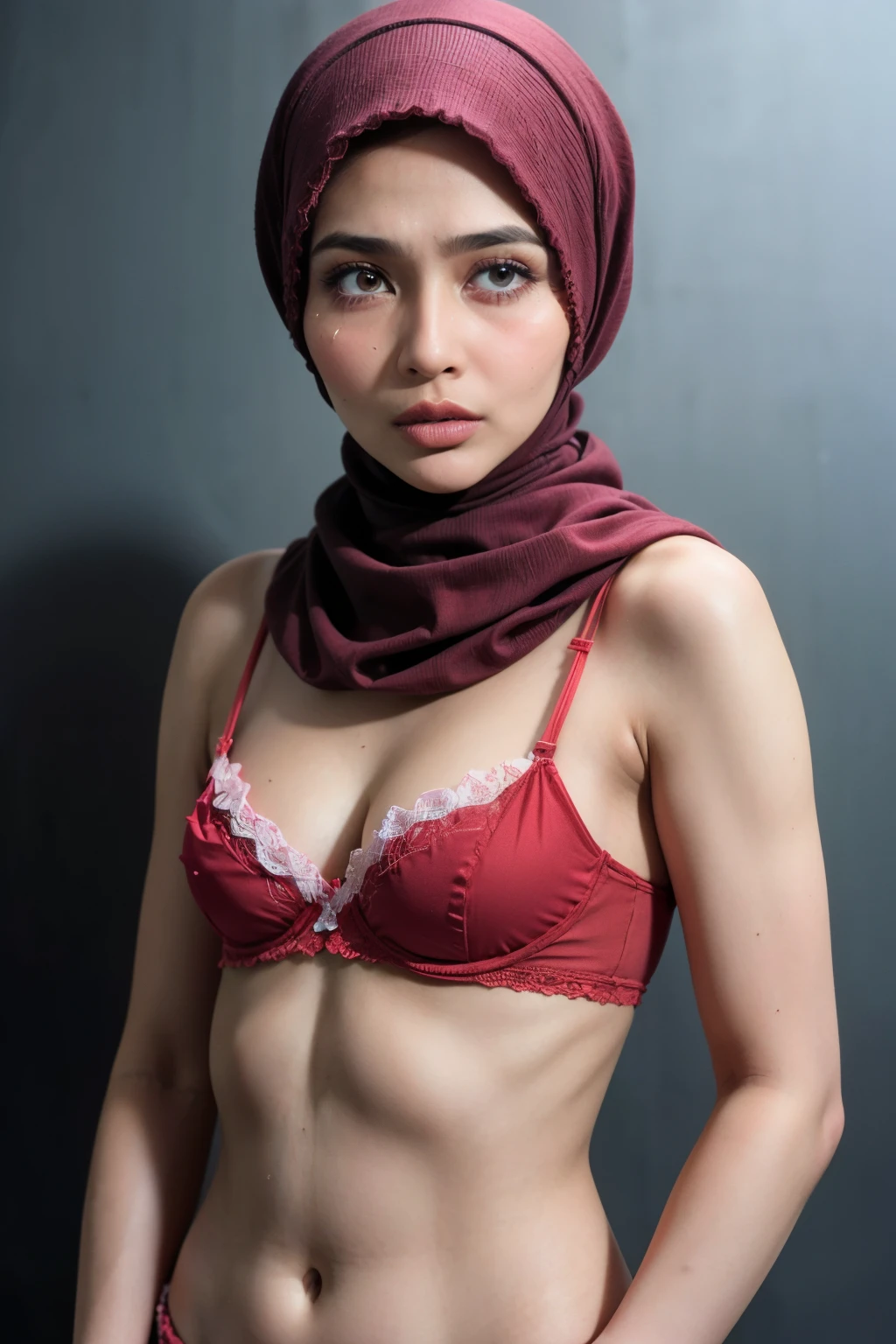 (((MALAY HIJAB GIRL))), (realistic, photo-realistic:1.4), (1girl),a FLAT CHEST, FLAT CHEST, wearing light red lace bra and panties, hand on hips, ((HEAVY NIPPLES)), (( TRANSPARENT )), (( SADNESS )), (((TEARS))), (((RED LIPS))), (((Fluorescent RED BRA))), (((FLAT CHEST))), (((FLAT CHEST))).