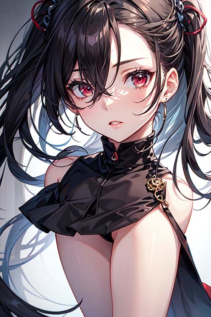 8K, detailed, anime, smooth anime CG art, masterpiece, high quality, highres, best quality, highres, 1girl, disheveled hair, illustration, focus on face, simple background, long hair, socks, black hair, hair between eyes, calm, dress shirt, long bangs, tied hair, braided hair, dominant eyes, ribbons in hair, crimson red eyes, large breasts, breasts, perfect face, perfect legs, no pants, full lips, SimpleNegativeV3 , add_detail:-3