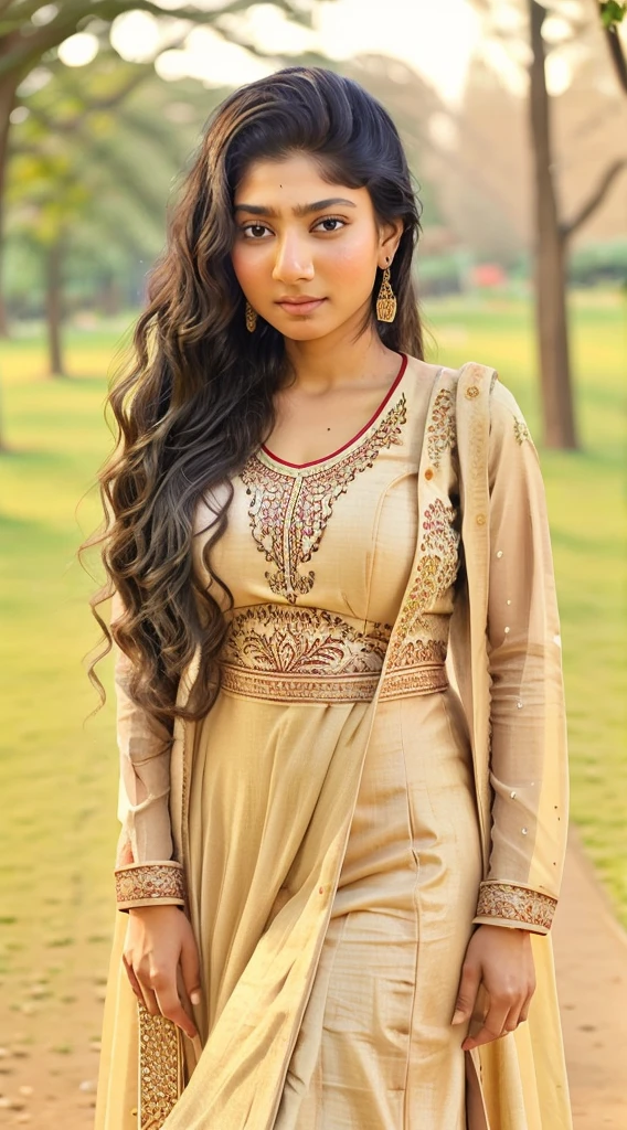 a beautiful Indian lady, 22 year, attractive, pretty, good looking, excellent , superb ,  wearing Indian school- college salwar kameez uniform, big chest earrings, arched back,  sunlight, public park background, 92k, intricately detailed, UHD,