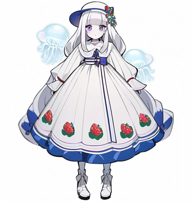 Woman long white hair, with a jellyfish on his head as a hat, very pale skin, wearing a white sweater with kawaii decorations like strawberries or stars (pins) that the sweater be low-cut but at the same time a dress, that has white stockings with white lace, loose and short white boots. anime style