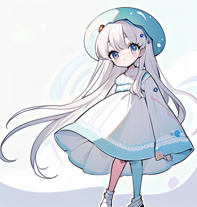 Woman long white hair, with a jellyfish on his head as a hat, very pale skin, wearing a white sweater with kawaii decorations like strawberries or stars (pins) that the sweater be low-cut but at the same time a dress, that has white stockings with white lace, loose and short white boots. anime style