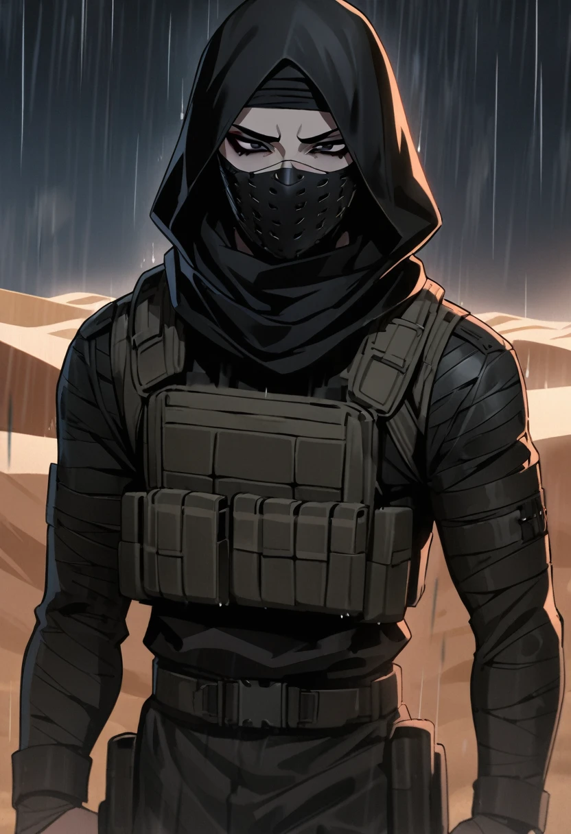 Male arab modern terrorist, terrorist, black balaclava, black bandage, black clothes, thin waist, femboy, light skin, makeup, black eyeliner, big eyelashes, black eyeshadow, choker, desert, night, rain