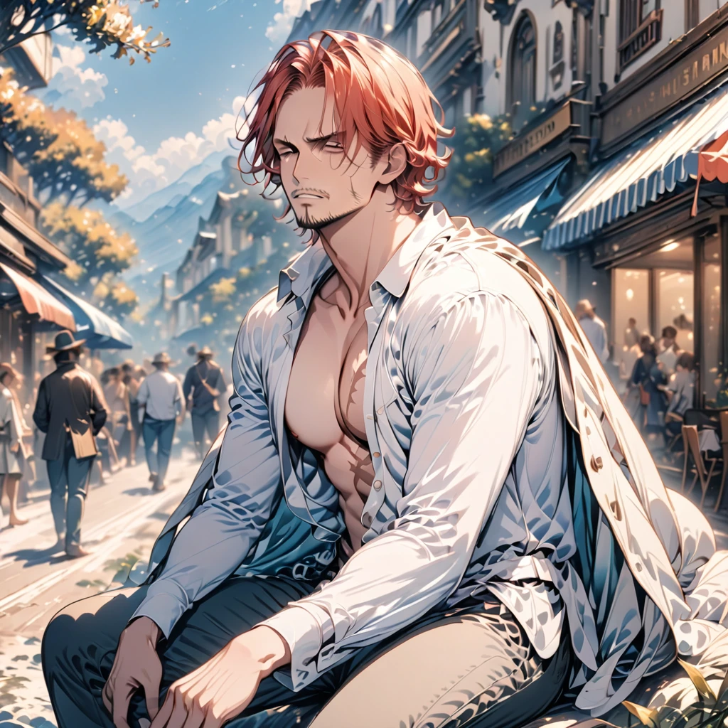 (masterpiece, best quality), intricate details, 1boy, man, red hair, straw hat, Shnks, shanks \(one piece\), scar on face, 3 scar left eye, short hair, shirt, white shirt, male focus, sitting posture, streetstyle pose, open clothes, collared shirt, pants, cape, coat, open shirt, facial hair, scar, sandals, pectorals, partially unbuttoned, pectoral cleavage, coat on shoulders, nature, scenery, upper body, straw hat,