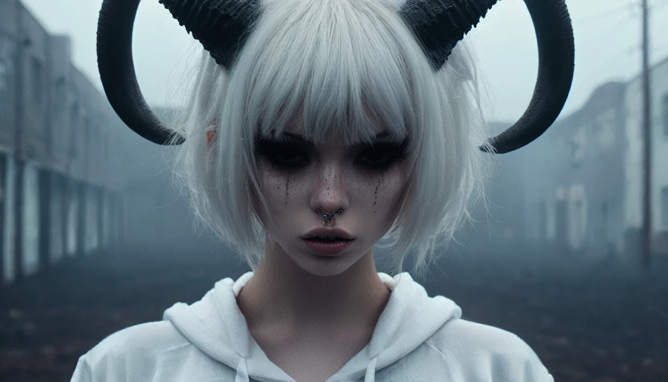 (Best Quality,hight resolution,Masterpiece, full body view:1.2),Ultra-detailed,demon woman with horns,dressed in black hoodie and white panties,sickly,standing in a horror sci fi scenario,horror sci fi aesthetic,gloomy ecstasy,fetish,dark gloomy atmosphere,gritty texture,Retro-atmosphere,warped reality,melancholic expression on his face,mysterious aura,foggy atmosphere,foggy background,Subtle color palette,provocative pose,Strong emotions,Coming Out of the Depths of Despair,Piercing gaze,intense shadows,Plunged in Darkness,dark industrial aesthetic,ominous vibe,A supernatural sensation,Loss of Place in Time and Space,Eerie silence.asymmetrical bangs, freckles, white short hair, Bangs, freckles, gray eyes,
