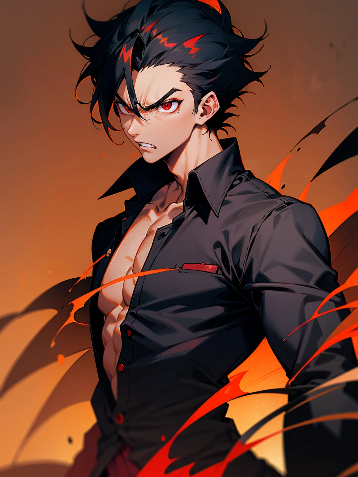 1male, tanned skin, black hair, spiky hair, red eyes, black button up shirt, angry