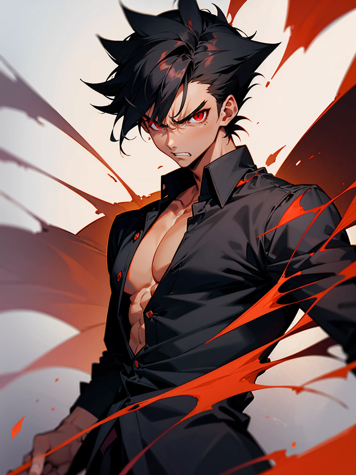 1male, tanned skin, black hair, spiky hair, red eyes, black button up shirt, angry