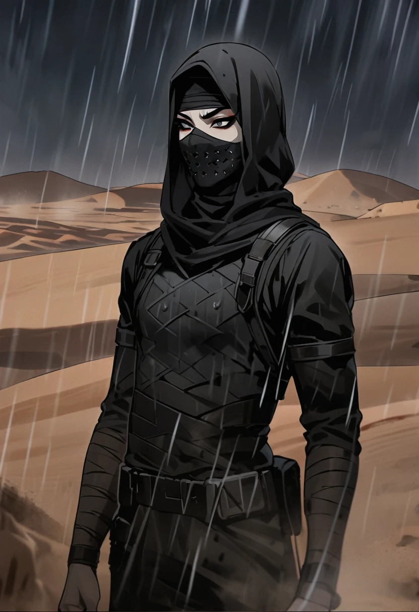 Male arab modern terrorist, terrorist, black balaclava, black bandage, black clothes, thin waist, femboy, light skin, makeup, black eyeliner, big eyelashes, black eyeshadow, choker, desert, night, rain