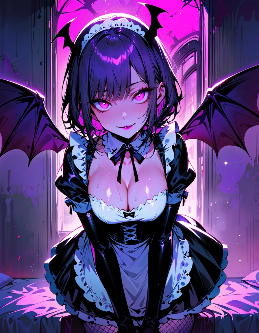 One young and beautiful woman,(Detailed Description,Incredibly absurd,High resolution,8k wallpaper,masterpiece,Highest quality,Depth of region,Anatomically accurate depiction),(Glowing Skin,Shiny skin,Oilskin),((Succubus disguised as a maid)),(Black and white latex maid outfit,Maid Skirt,corset,Fishnet tights,small devil wings),eyelash,(Luminous purple eyes,Eyes of Madness,There is cleavage in the chest,Bewitching Smile,Glossy lipstick,Seductive gestures,A condescending gaze on the viewer),Sweat,(whole body),(background:Bedroom at night),Pink light,