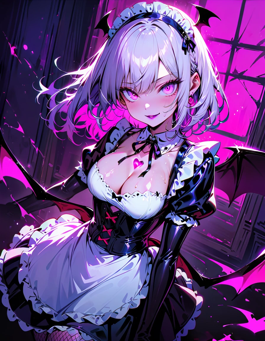1 beautiful woman,(Detailed Description,Incredibly absurd,High resolution,8k wallpaper,masterpiece,Highest quality,Depth of region,Anatomically accurate depiction),(Glowing Skin,Shiny skin,Oilskin),((Succubus disguised as a maid)),(Black and white latex maid outfit,Maid Skirt,corset,Fishnet tights),eyelash,(Luminous purple eyes,Eyes of Madness,There is cleavage in the chest,Wicked Smile,Glossy lipstick,Seductive gestures,A condescending gaze on the viewer),Sweat,(whole body),(background:Bedroom at night),Pink light,