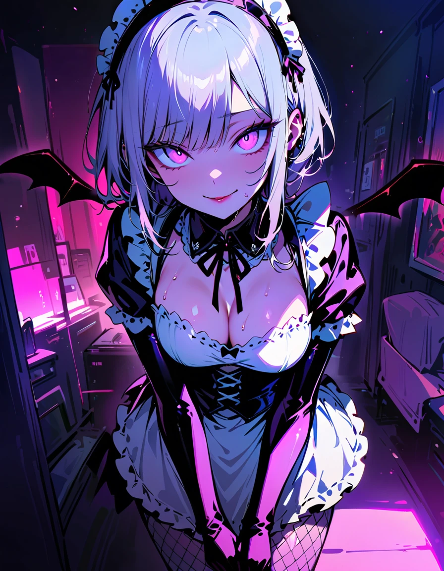 One young and beautiful woman,(Detailed Description,Incredibly absurd,High resolution,8k wallpaper,masterpiece,Highest quality,Depth of region,Anatomically accurate depiction),(Glowing Skin,Shiny skin,Oilskin),((Succubus disguised as a maid)),(Black and white  maid outfit,Maid Skirt,corset,Fishnet tights,small devil wings),eyelash,(Luminous purple eyes,Eyes of Madness,There is cleavage in the chest,Bewitching Smile,Glossy lipstick,Seductive gestures,A condescending gaze on the viewer),Sweat,(whole body),(background:Bedroom at night),Pink light,