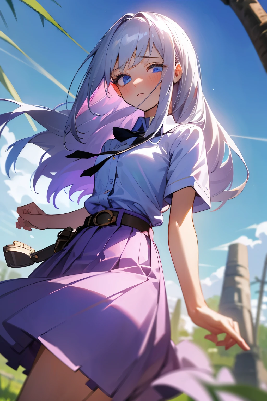 (masterpiece, best quality, absurdres, very detailed eyes), 1girl, solo, solofocus, silver hair, long hair, blue eyes, bangs, closeup, belt blush collared shirt light bulb long skirt one eye closed purple belt purple skirt shirt short sleeves skirt 1 watch white shirt wristwatch outdoors weeping willow tree dirt path tudor style house peonies clouds