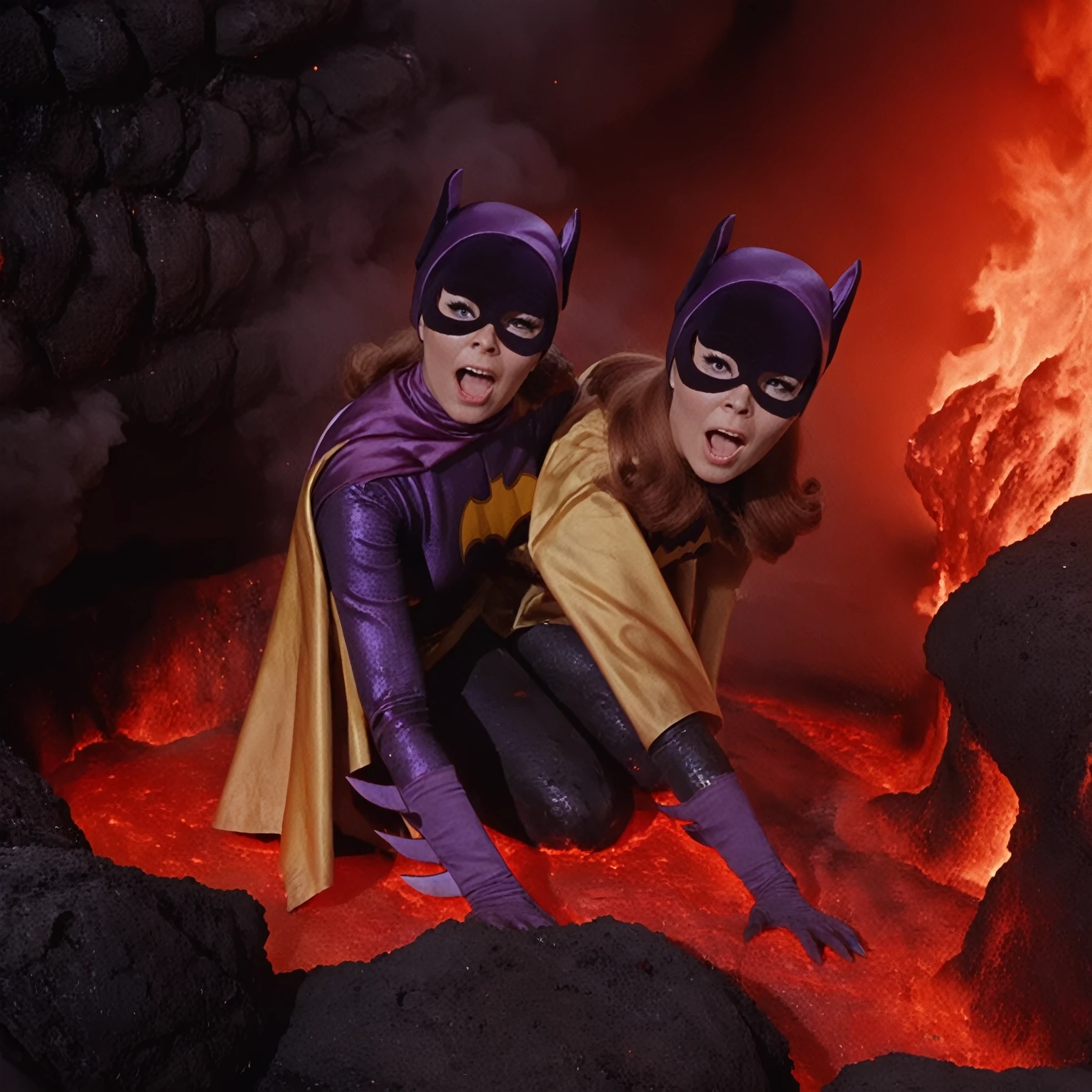 yvonne craig woman, sinking in a lava pit. She screams with her eyes wide open, she looks for help, extent her arm trying to grab something to escape, but half of her body is already burning in the red glowing lava, smoke everywhere, she is in pain, , 60's style, analog film, film grain