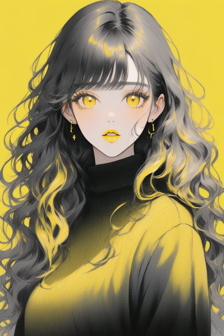 (best quality, sketch:1.2),realistic,illustrator,anime,1 girl, detailed lips, sweater, custom, yellow gradient background, neon hair, blunt bangs, wavy long hair, textured cropping, masterpiece, style retro classic, noir dark 