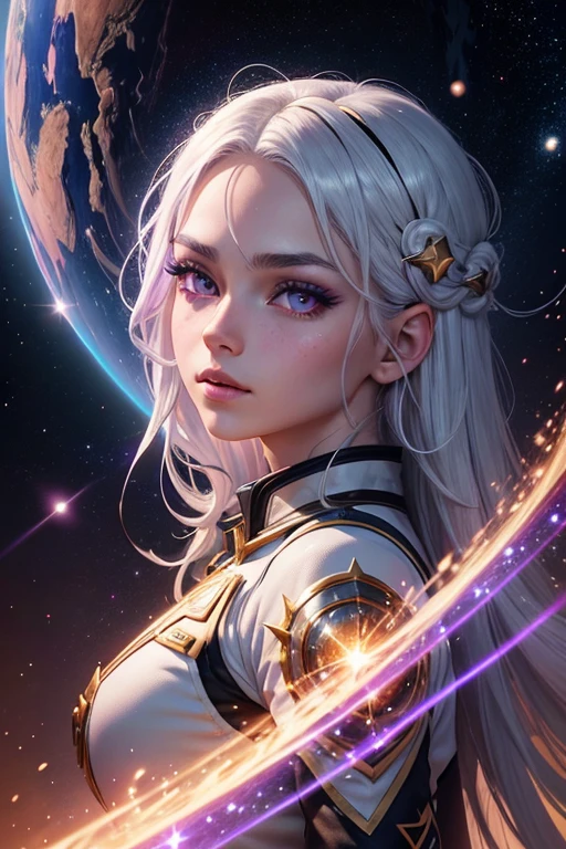 1 anime teenage girl with white hair and purple eyes, cosmic energy flowing from her right palm with constellations, wearing a , beautiful detailed eyes, beautiful detailed lips, extremely detailed face, long eyelashes, illustration, 8k, highres, masterpiece, ultra-detailed, realistic, vivid colors, dramatic lighting, fantasy, science fiction, space, stars, galaxy, ethereal, surreal